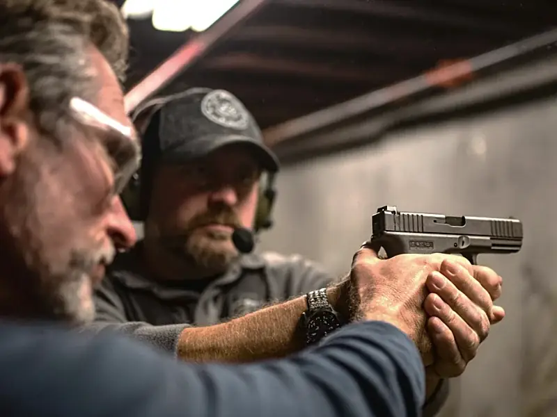 Instructor coaching a shooter holding a pistol on the indoor range