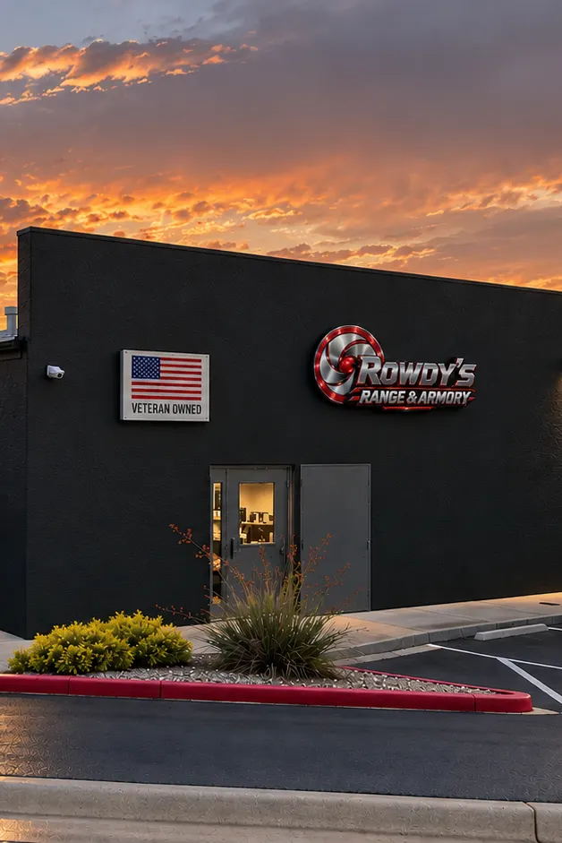 Rowdy's Range & Armory building in St. George, Utah, at dusk