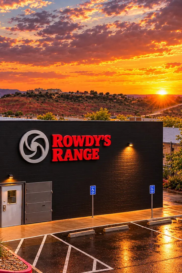 Rowdy's Range & Armory building in St. George, Utah, at sunset, red rock hills behind it